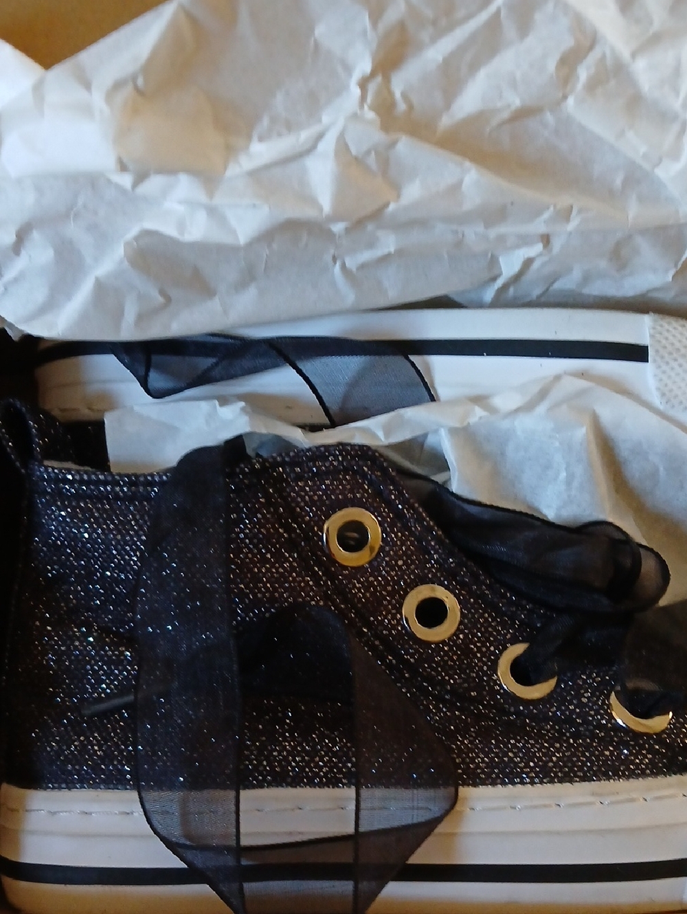 Sparkling Black Low-Top Sneaker with Sheer Ribbon Laces